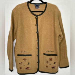 Vintage Tan Cardigan with Dark Green Trim - 100% Wool